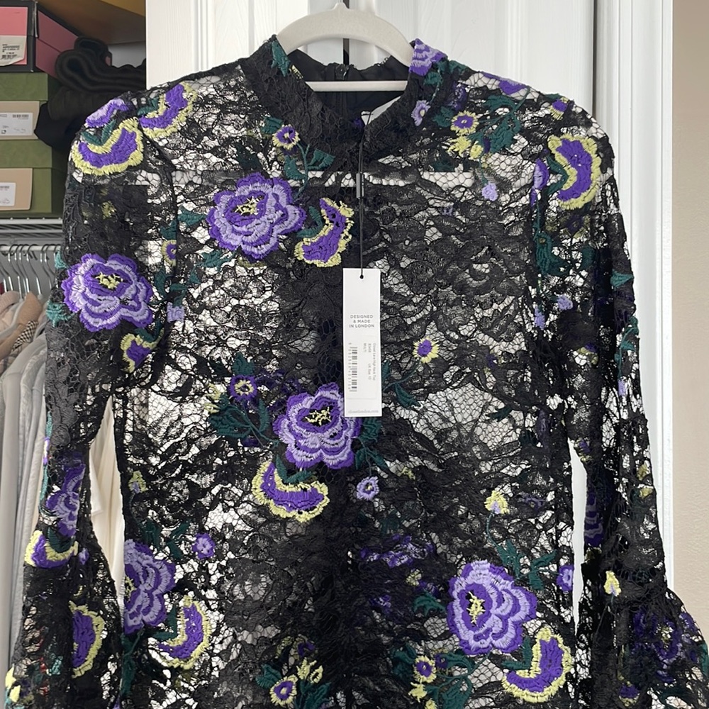 Lace Sheer Black Flower Top - NWT